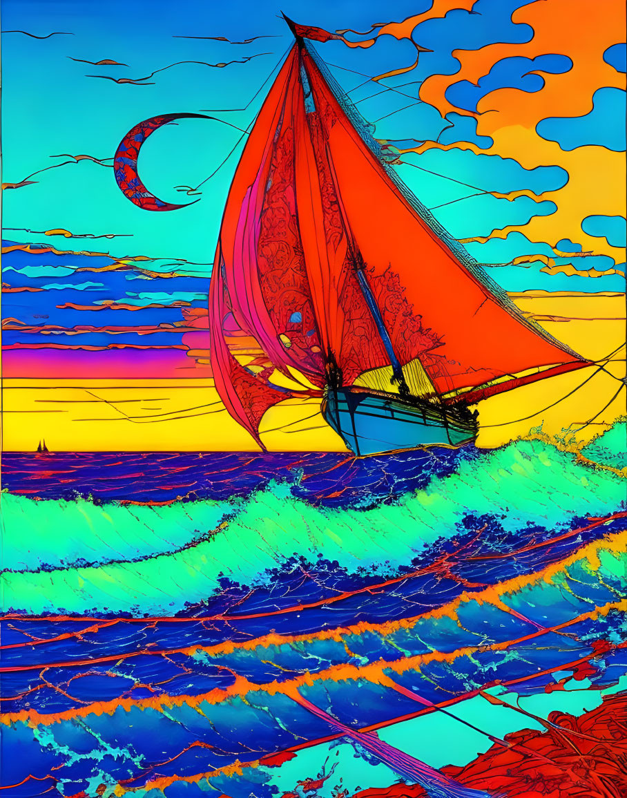 Colorful sailboat seascape with crescent moon and clouds