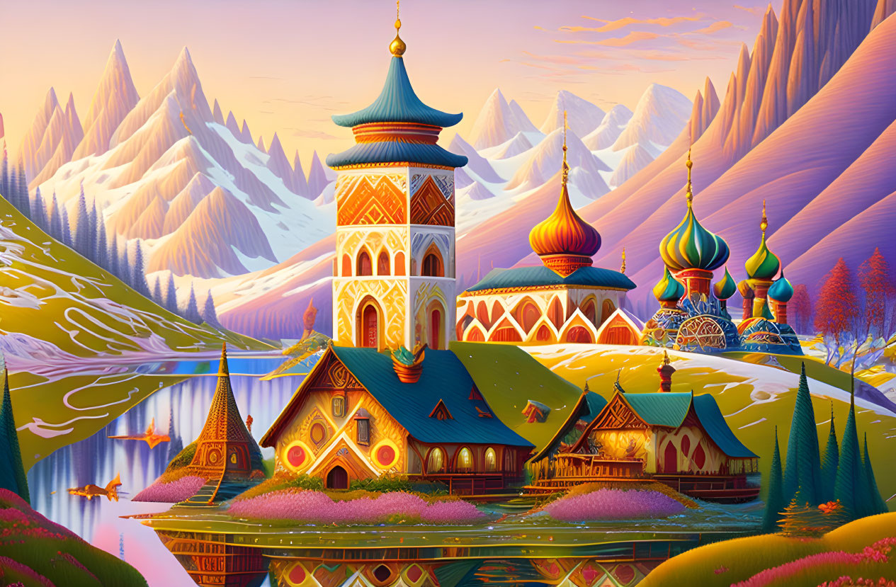 Fantasy landscape with ornate buildings by tranquil lake & purple mountains