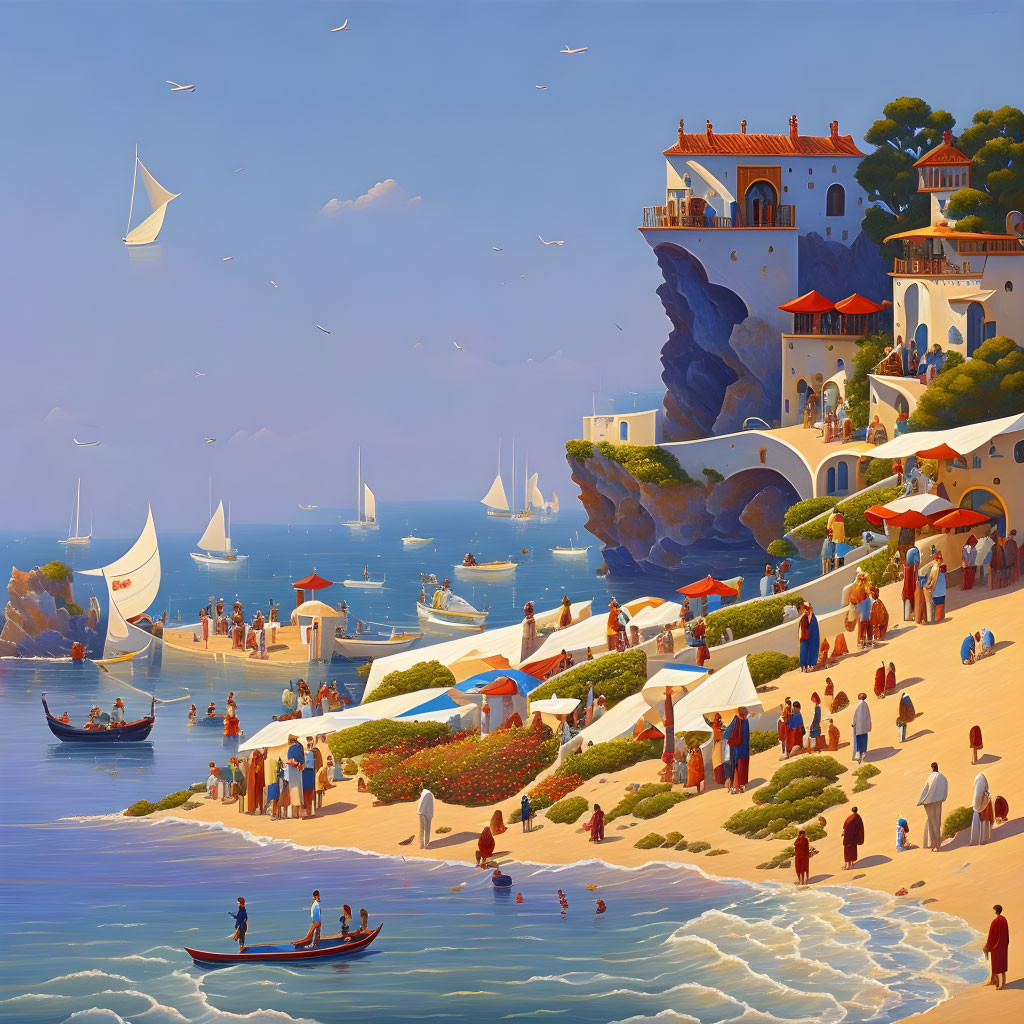 Colorful beach scene with people, boats, cliff-side building, and seagulls