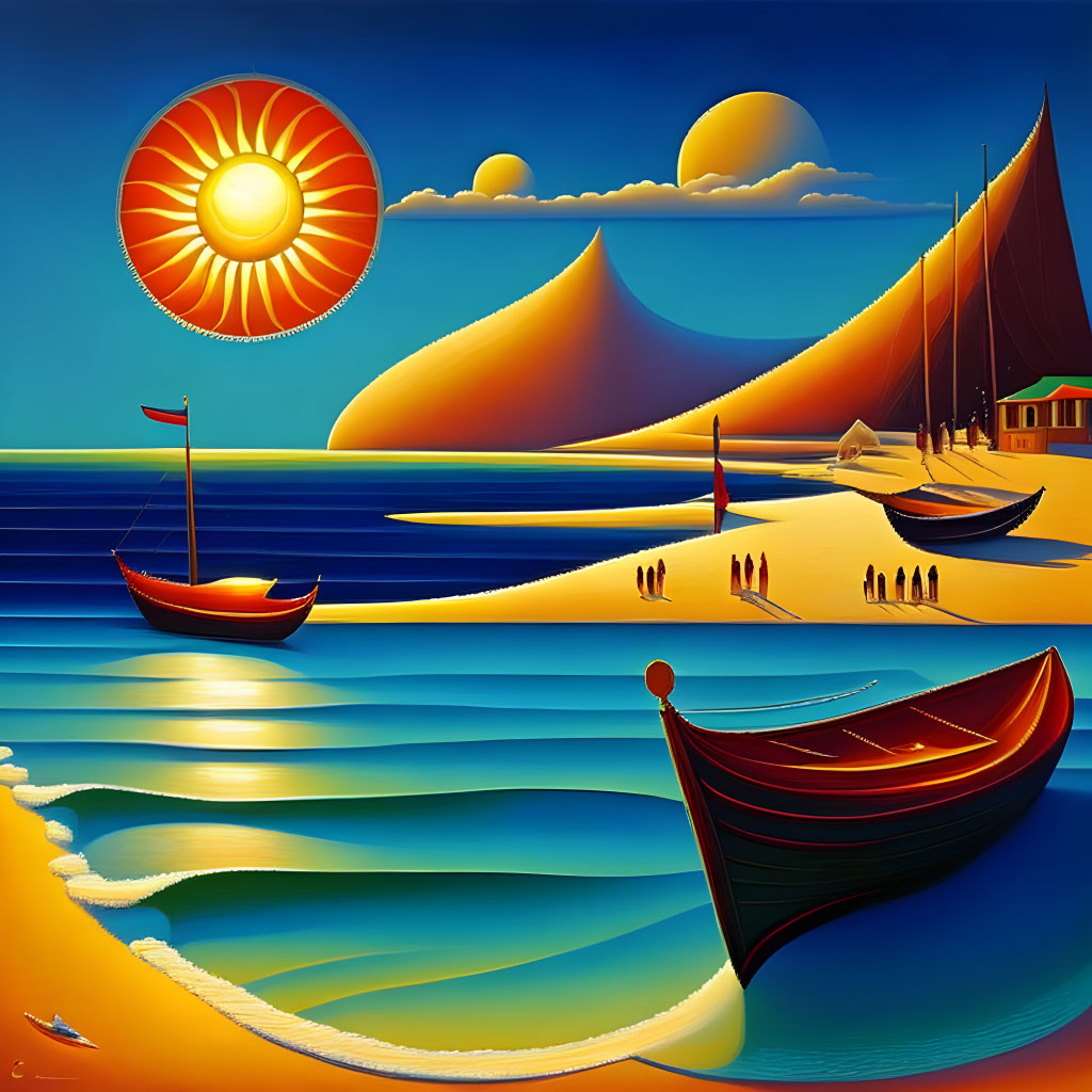 Vibrant Beach Scene with Sun, Sailboats, and Silhouettes