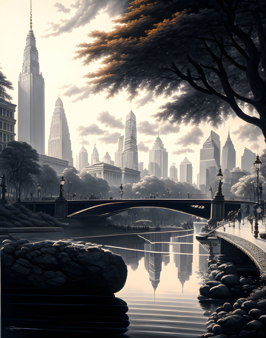 Monochromatic cityscape with bridge silhouette, skyscrapers, and tree.