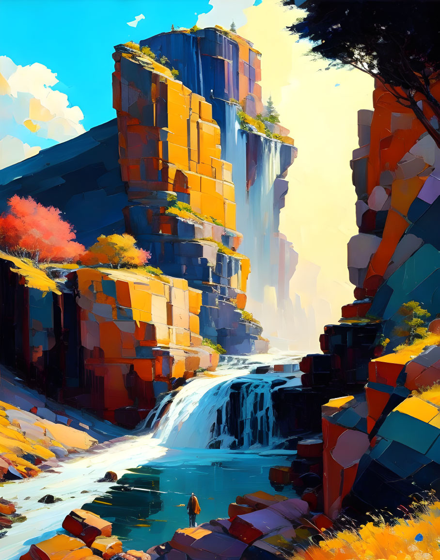 Colorful digital artwork: Person by majestic waterfall in canyon