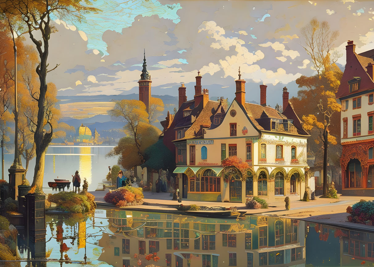 Autumnal lake landscape with European-style buildings and trees reflected.