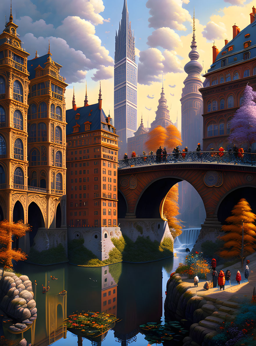 Vibrant cityscape with stone bridge, ornate buildings, and towering spire