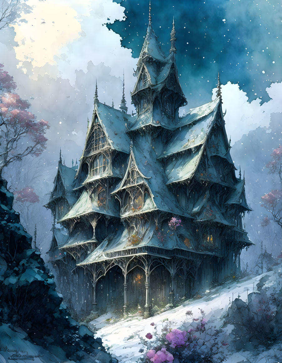 Ethereal gothic castle in wintry landscape with spires and pink foliage