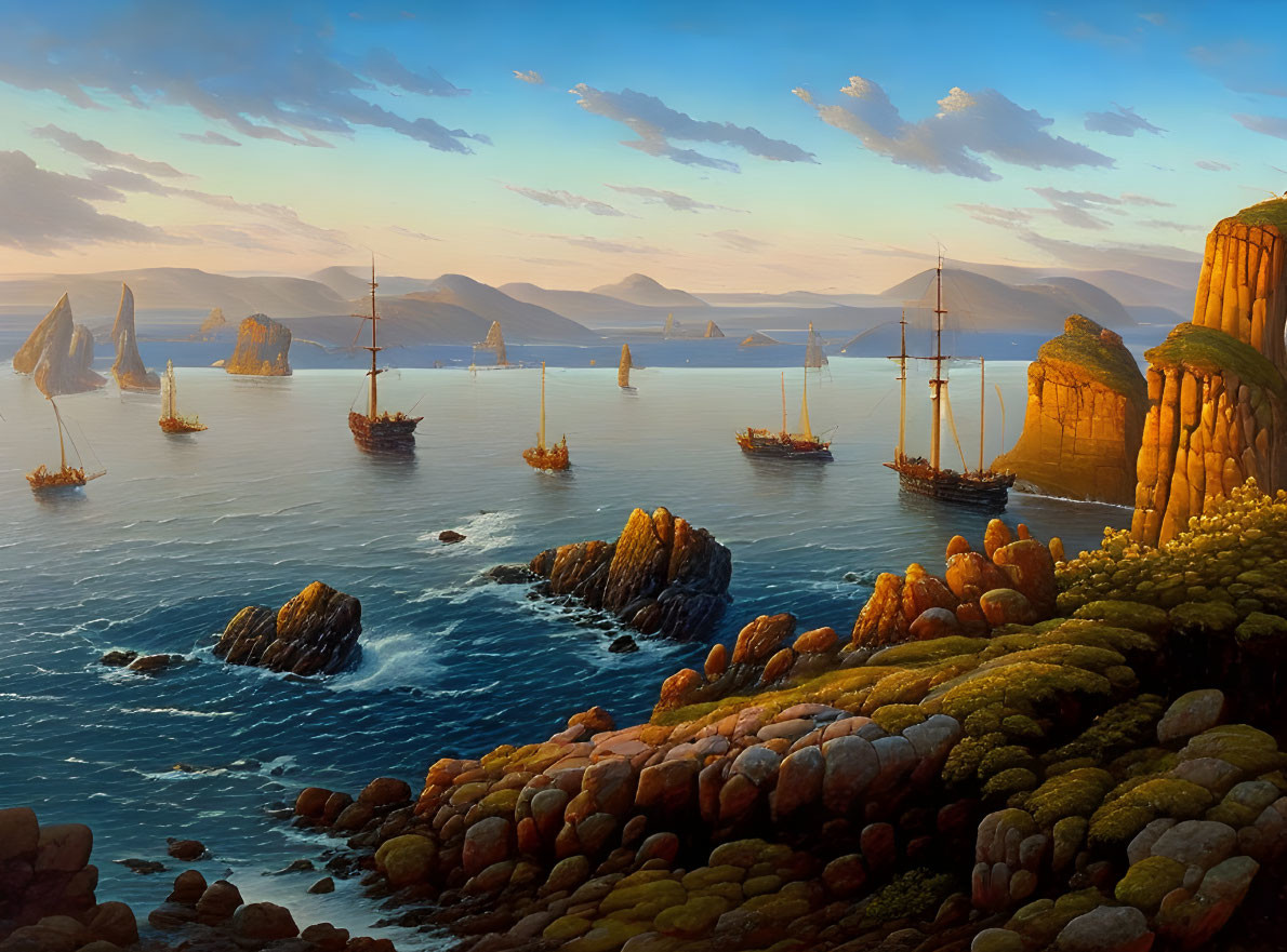 Seascape with sailing ships, rocky outcrops, and moss-covered cliffs