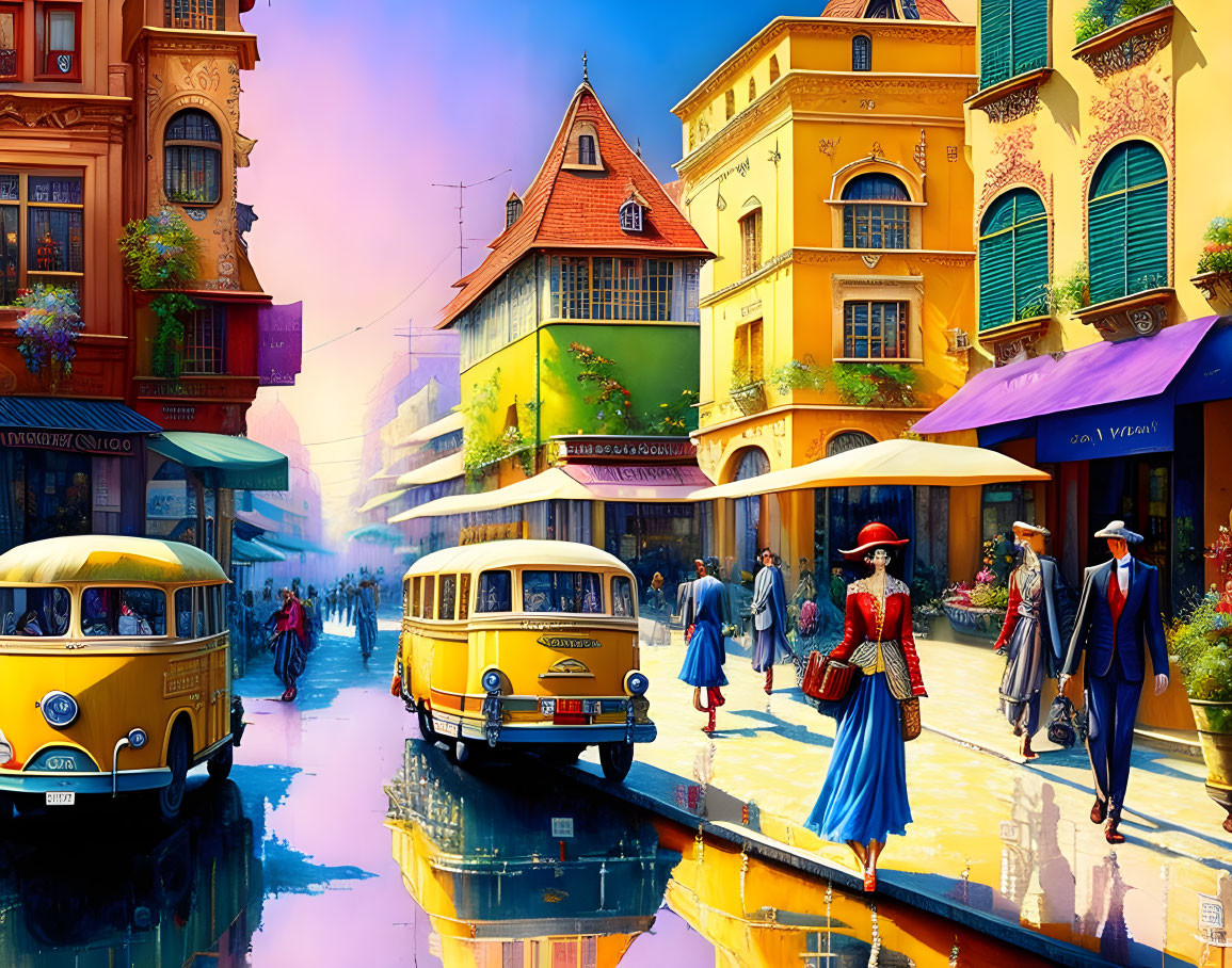 Vibrant retro-style street scene with vintage cars and people in classic attire