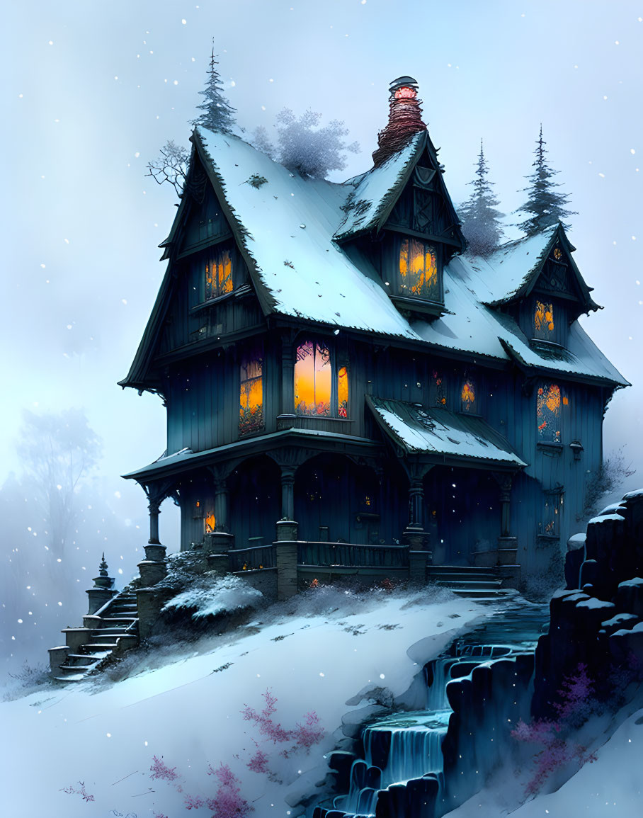 Victorian-style house in winter landscape with frozen waterfall