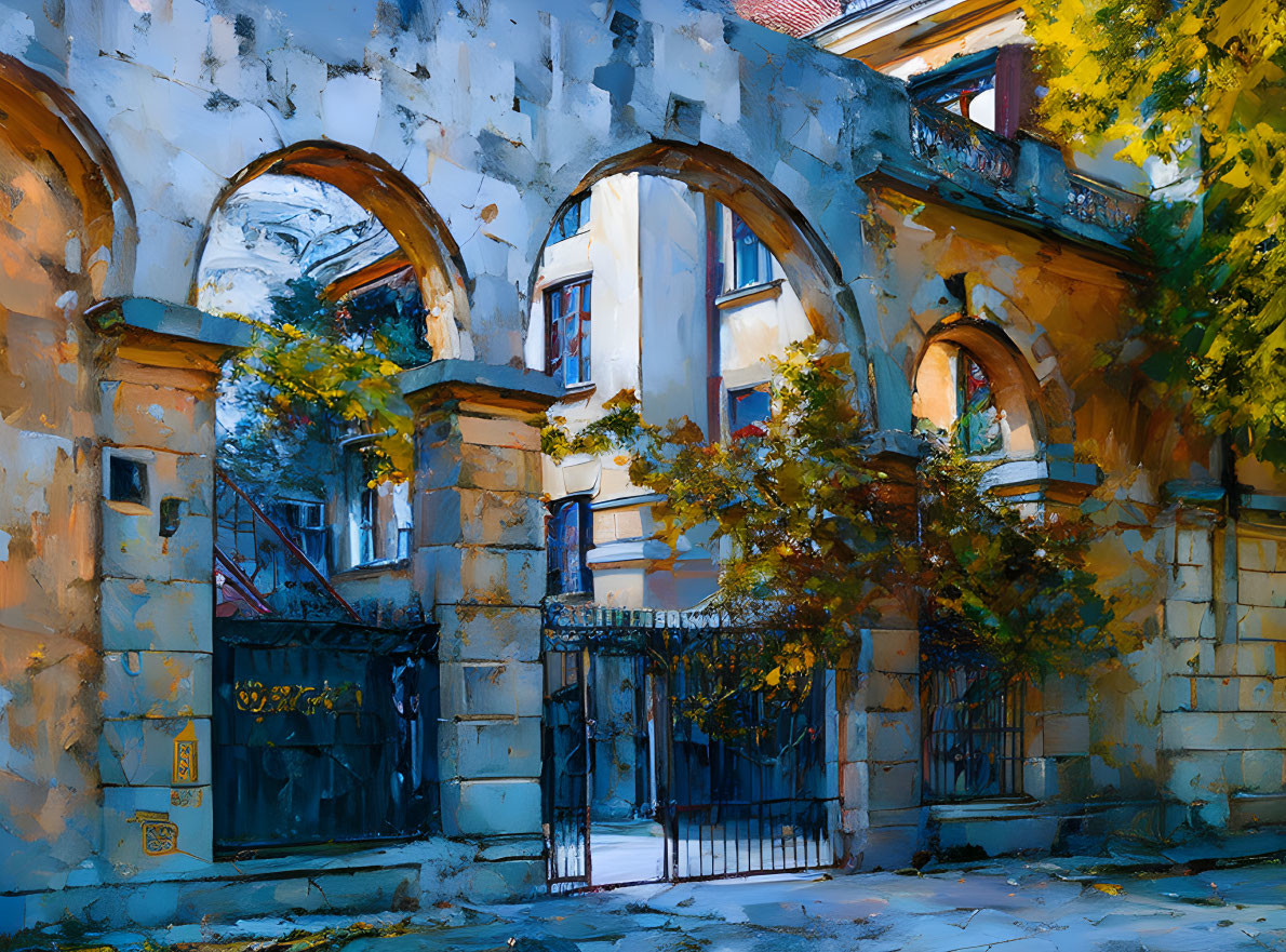 Sunlit old stone building with arches, iron gate, and autumn trees