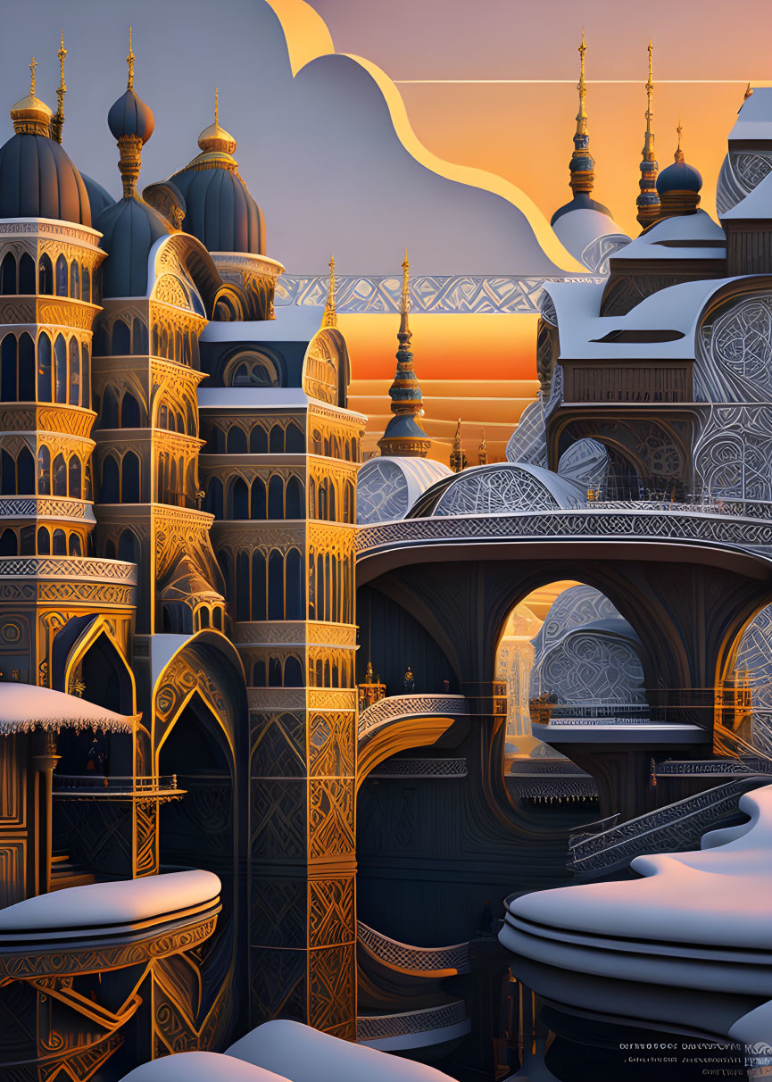 Fantasy cityscape with onion domes, arches, and snow under sunset sky