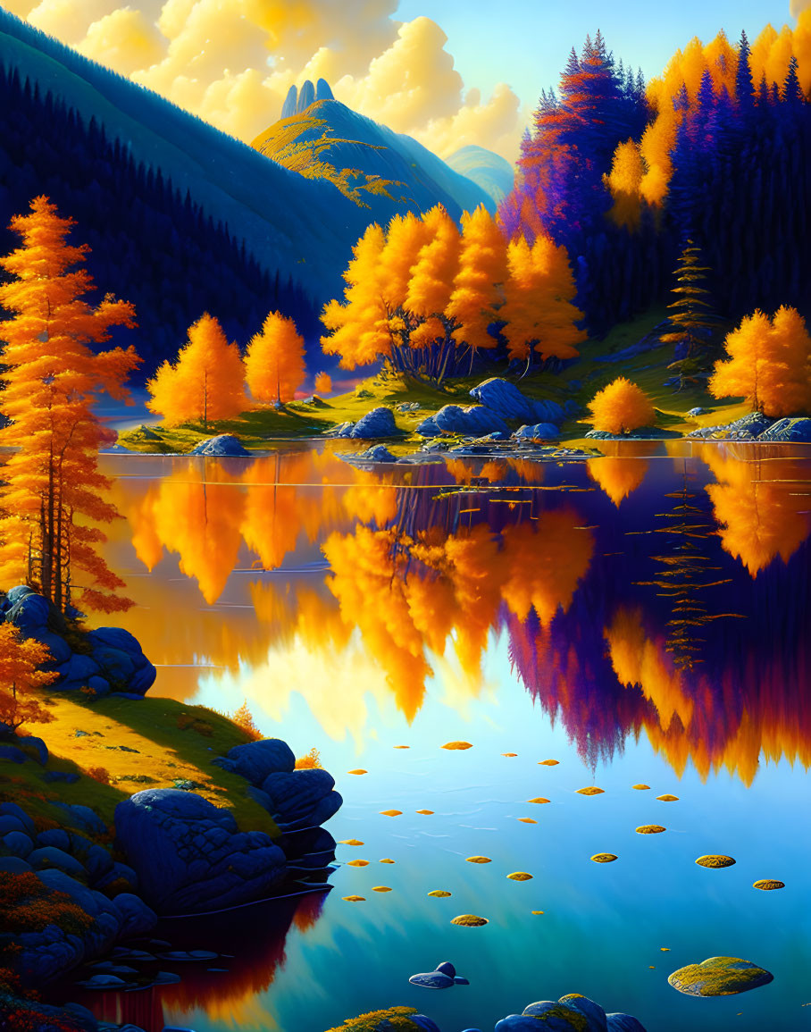 Scenic Autumn Landscape: Reflective Lake, Golden Larches, Blue Sky