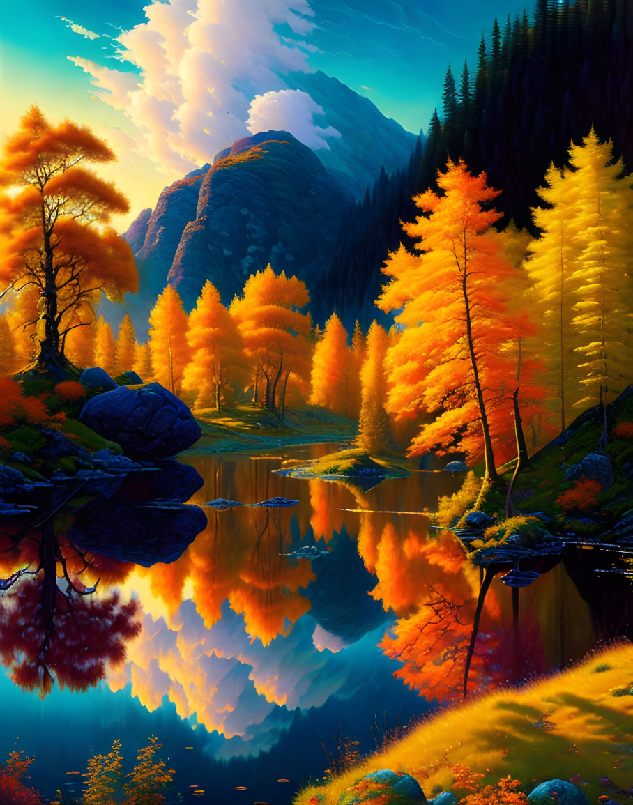 Vibrant autumnal landscape: orange trees, mountain lake, blue sky