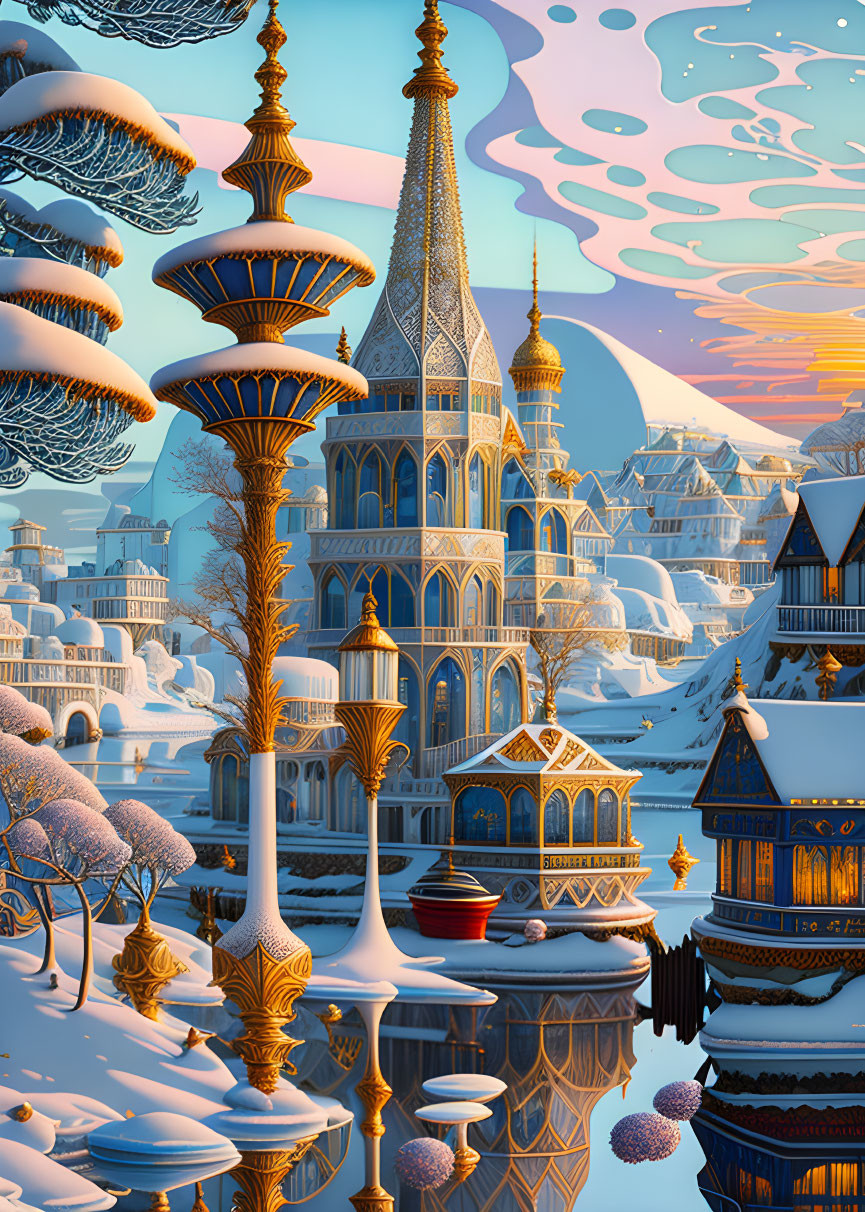 Snow-covered fantasy buildings reflected in tranquil water amid frosted trees