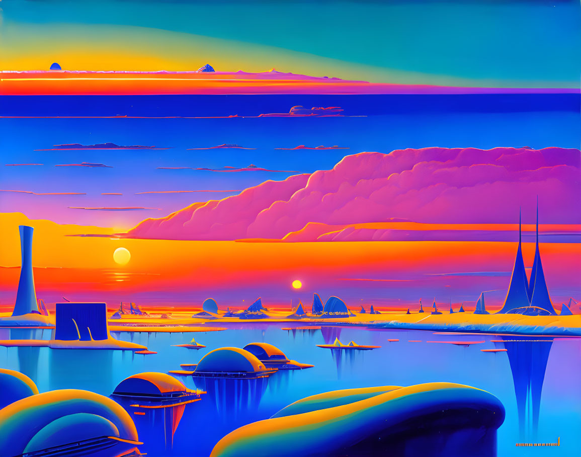 Futuristic landscape with dual suns, sea, domes, and spires