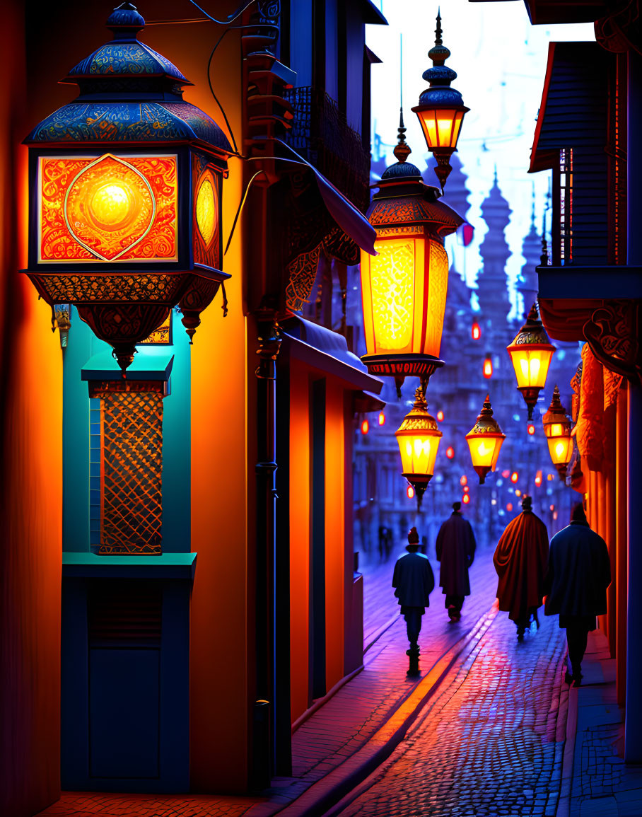 Vibrant Dusk Alley with Hanging Lamps Near Mosque