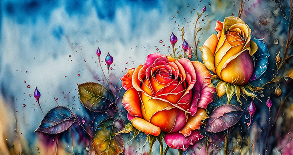 Colorful Rose Flowers with Dew Drops on Blue Watercolor Background