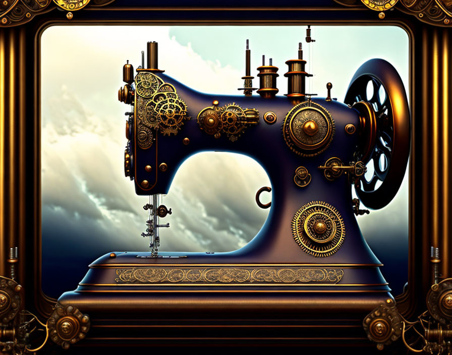 Steampunk-inspired ornate sewing machine with gears against cloudy sky.