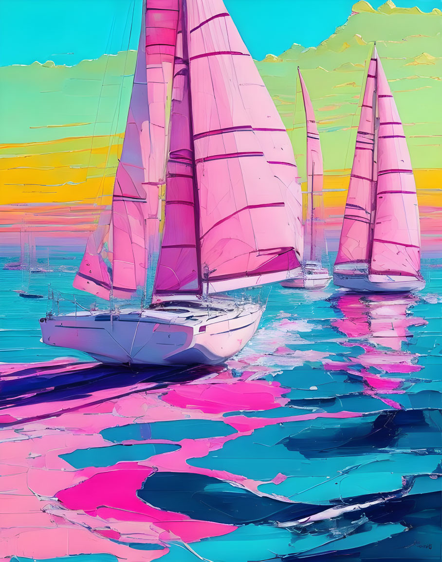 Vibrant digital artwork: Pink sailboats on abstract blue water under sunset sky