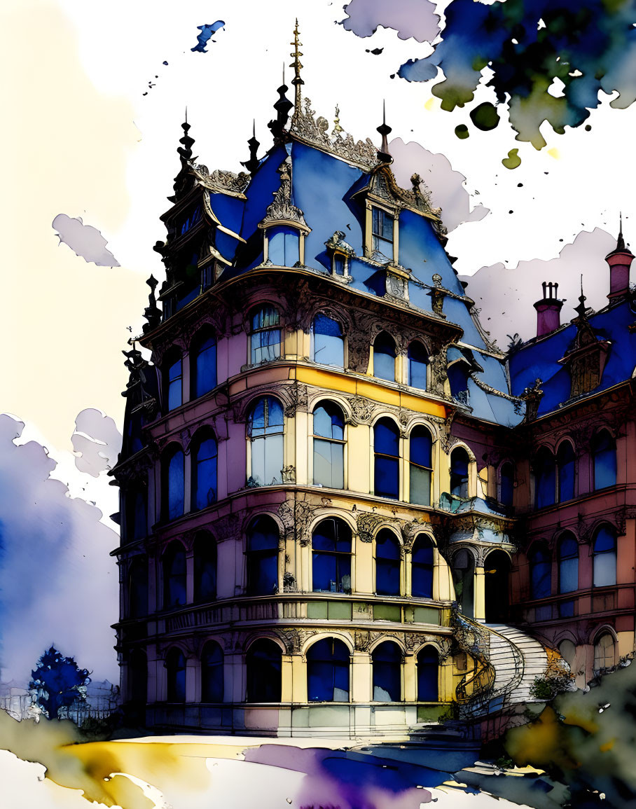 Detailed Victorian-style mansion illustration in vibrant watercolor.