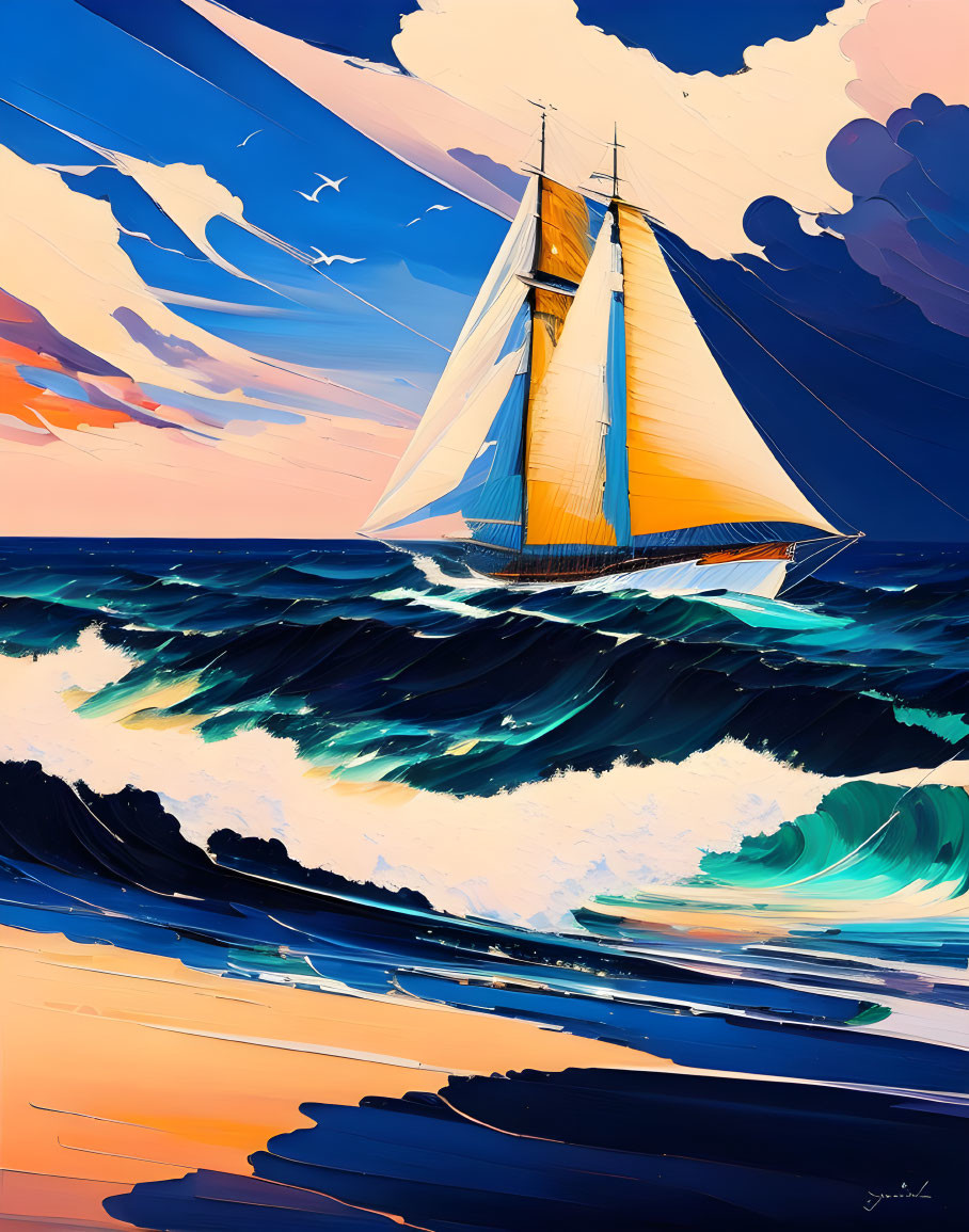 Colorful Sailboat Painting: Sunset Seascape with Dynamic Brushstrokes