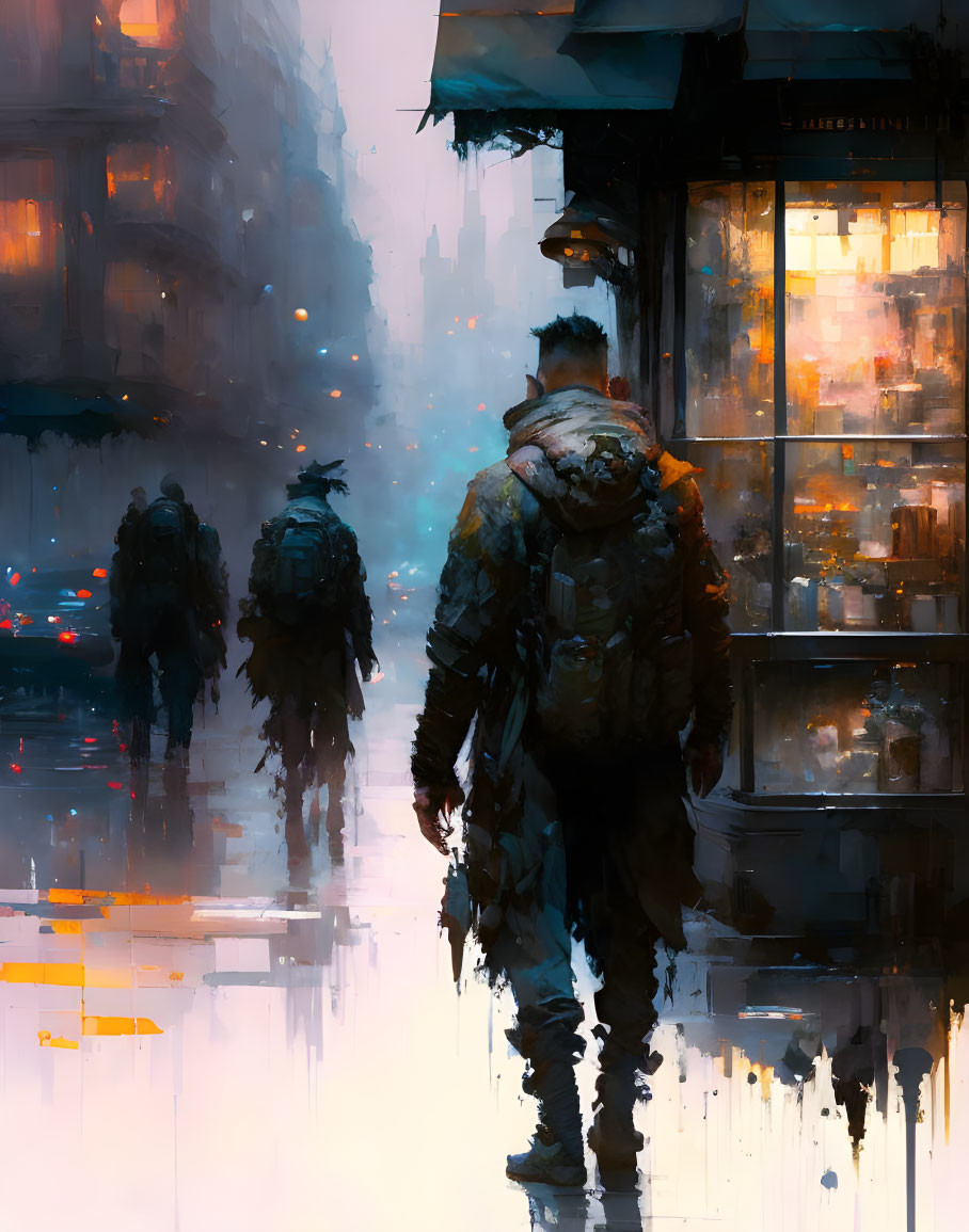 Rainy city street scene with warmly lit shop and blurred figures