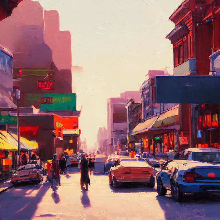 City street scene with pedestrians and parked cars in warm sunlight.