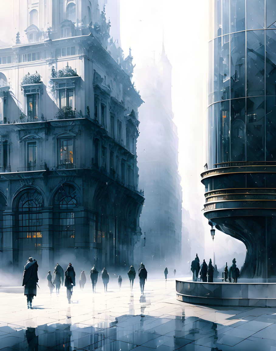 Futuristic cityscape with people, sunlight, traditional and modern architecture