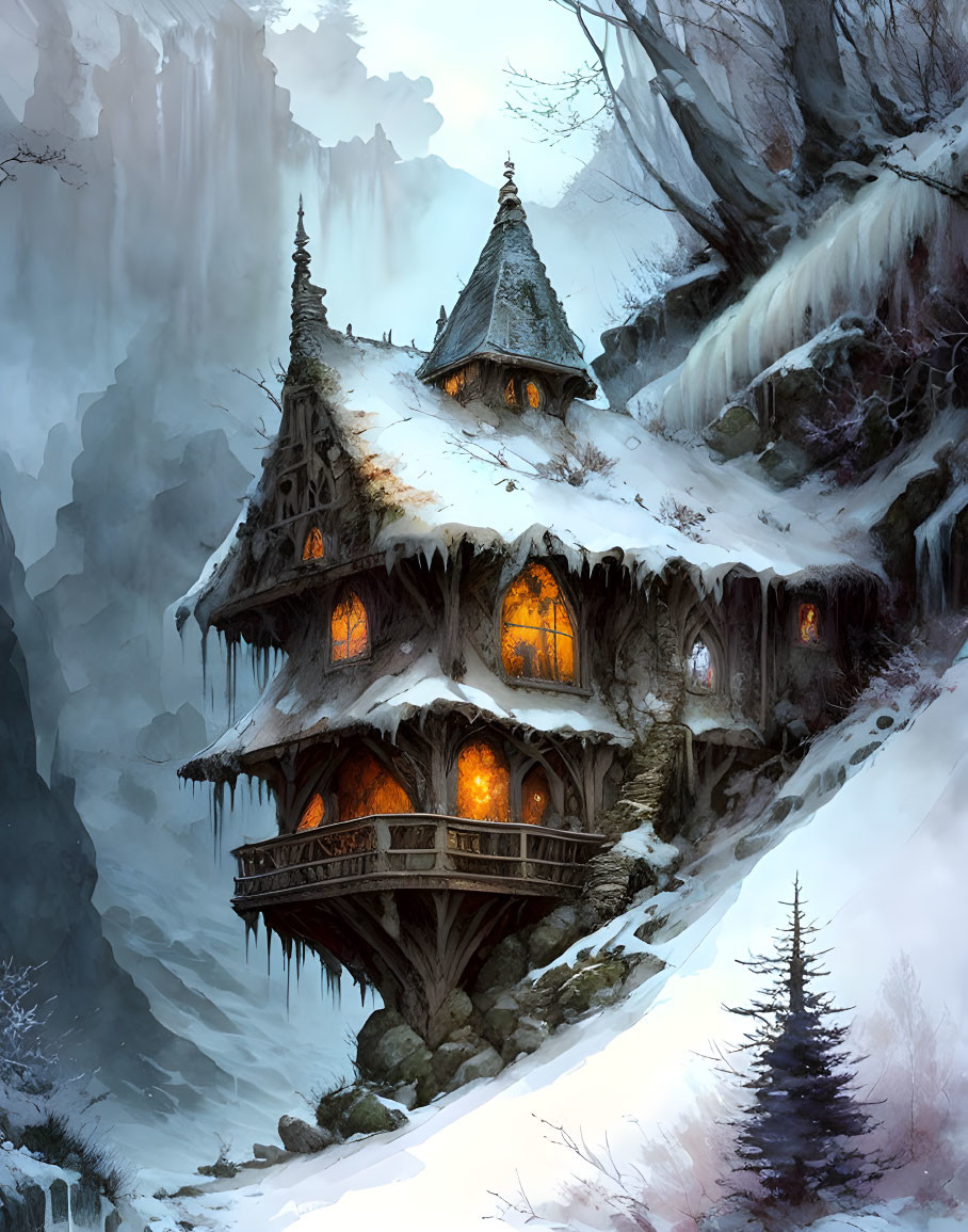 Winter scene: Wooden house on snowy cliff with waterfalls