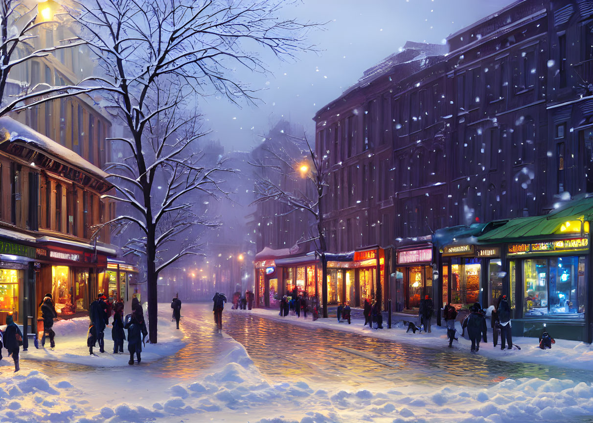 Snow-covered City Street at Dusk: Winter Scene with Shopfronts and Pedestrians