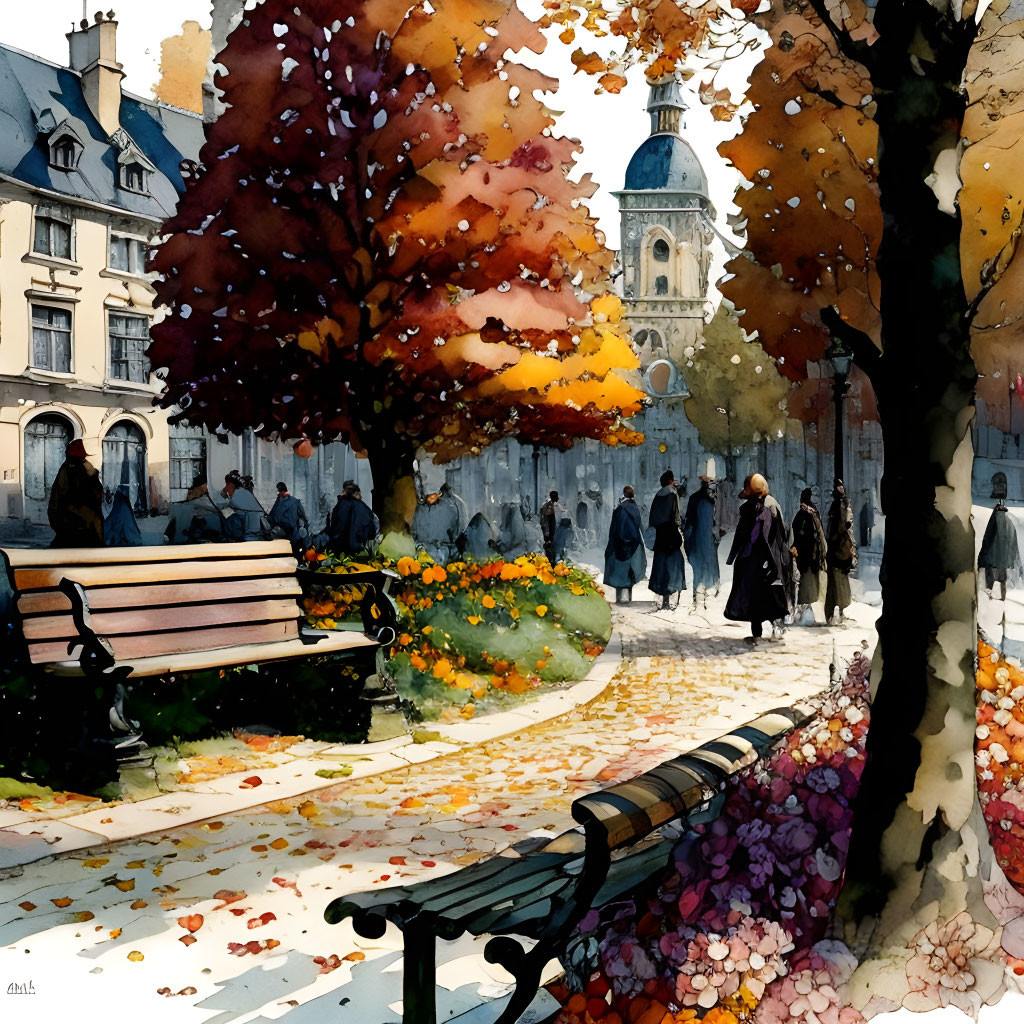 Vibrant autumn scene with people, benches, foliage, fallen leaves, and dome building