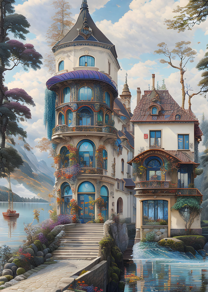 Ornate fairytale castle with balconies and greenery by serene waterfront