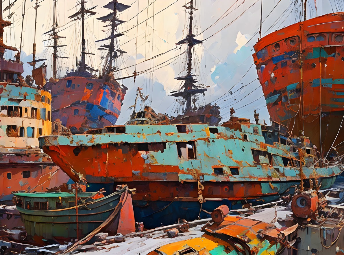 Vibrant Impressionist Shipyard Painting with Old Ships and Boats