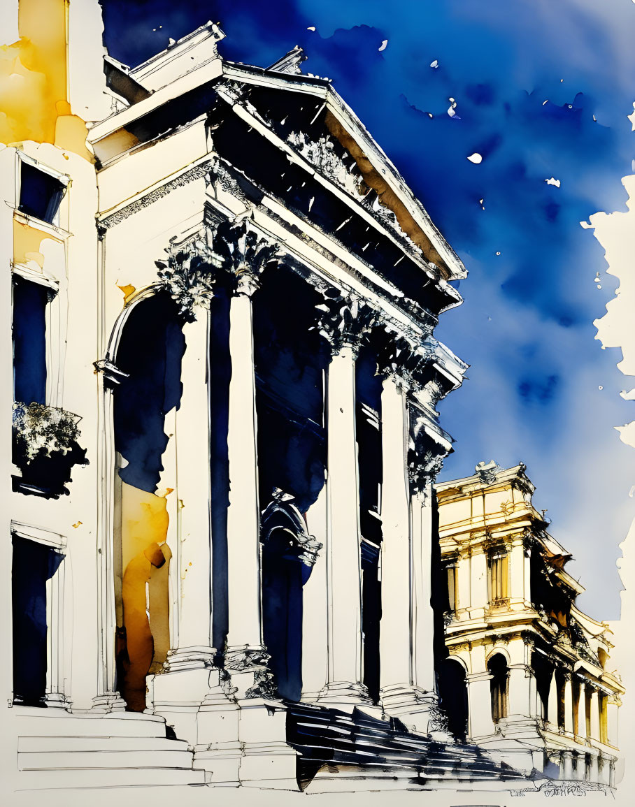 Neoclassical architecture watercolor with columns and blue sky details