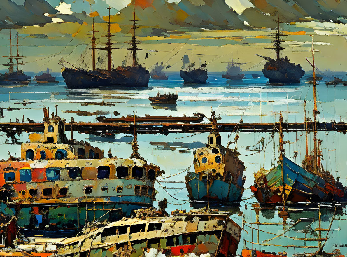 Harbor scene with boats, rusting ships, and sailing vessels under cloudy sky