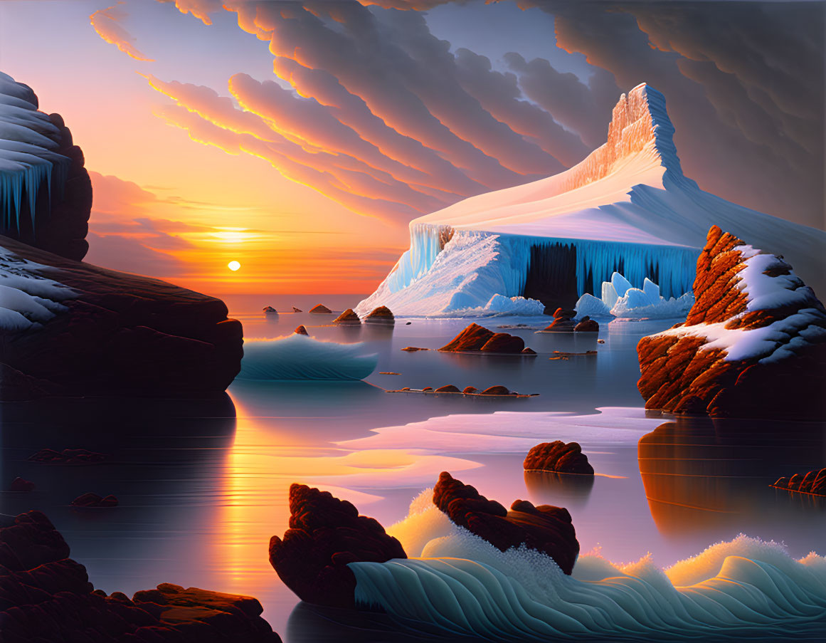 Surreal landscape with ice-capped peaks and golden clouds