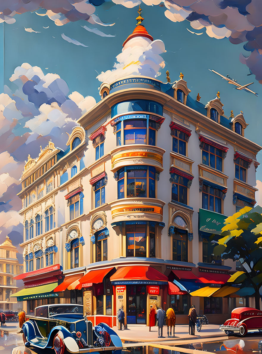 Colorful cityscape painting with classic cars, pedestrians, ornate building, and airplane in the sky