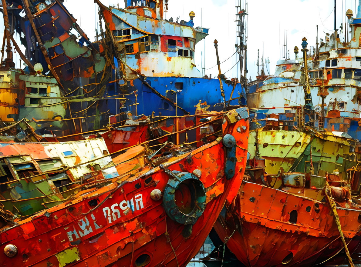 Abandoned ships with faded red and blue paint in a ship graveyard