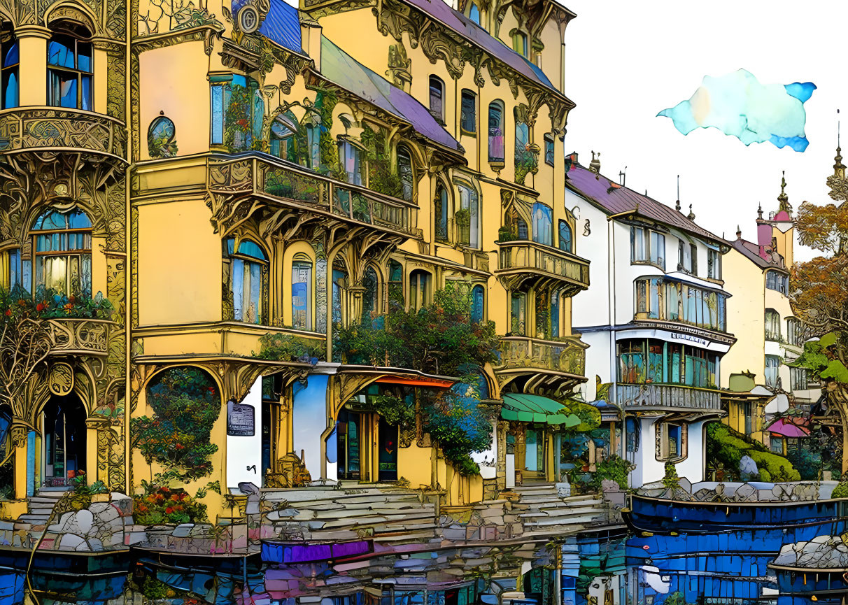 Detailed illustration of ornate buildings by canal with boats in vivid colors