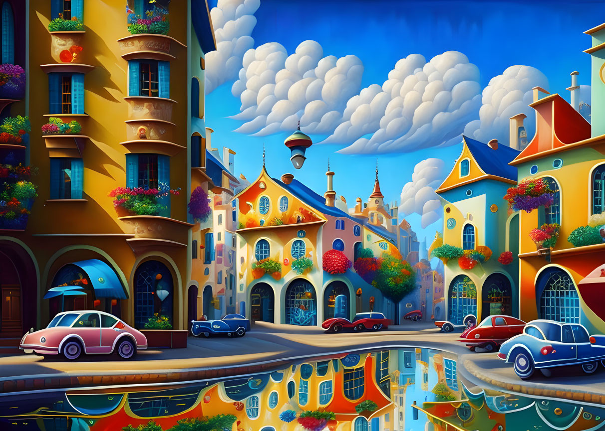 Colorful Townscape with Vintage Cars and Water Reflections