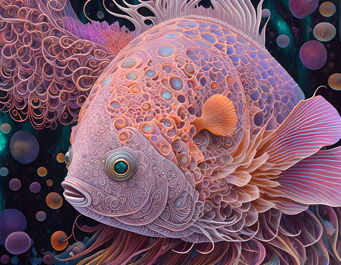 Detailed Stylized Fish Illustration with Vibrant Colors on Ornate Floral Background