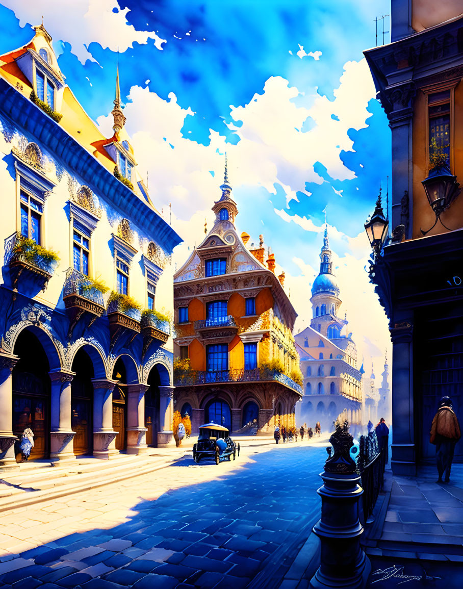 European street scene: ornate buildings, blue sky, dynamic shadows, people strolling