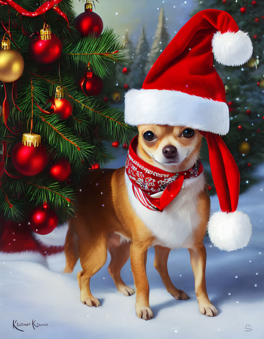 Small Dog in Santa Hat and Red Scarf by Christmas Tree with Falling Snowflakes