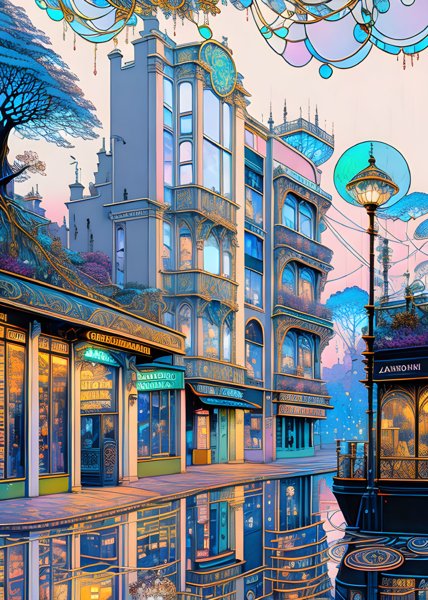 Whimsical street illustration with ornate buildings, lamps, and trees