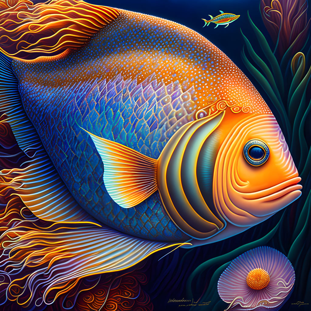 Colorful stylized orange fish swimming among coral and sea flora underwater