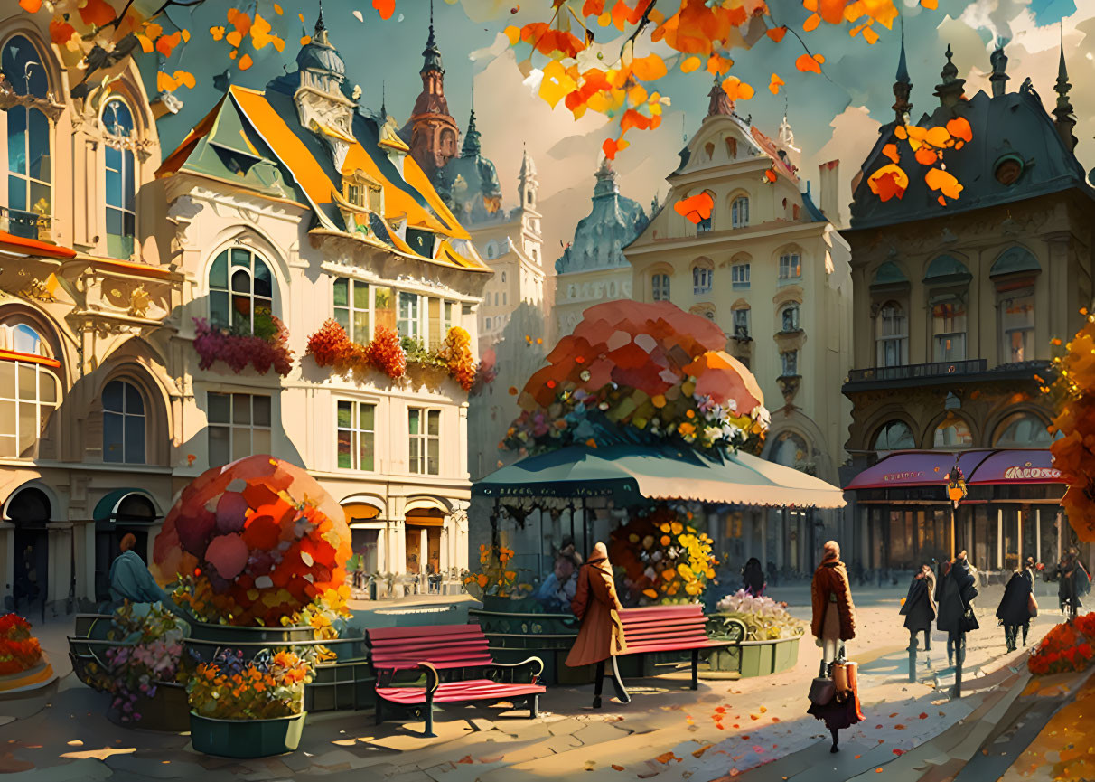 European Town Square: Vibrant Autumn Scene with Historic Buildings, Pedestrians, Colorful Foli