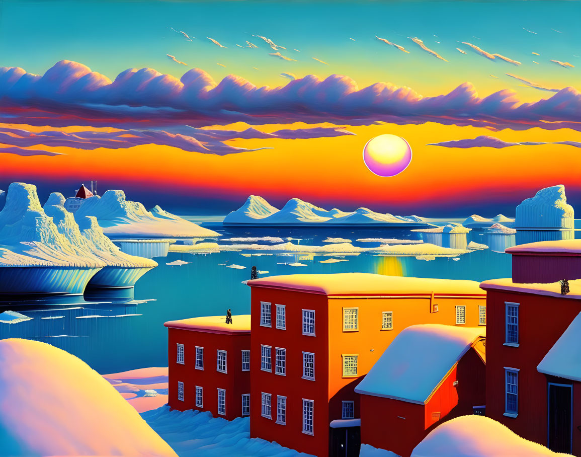 Frozen seascape: Large sun, red buildings, icebergs