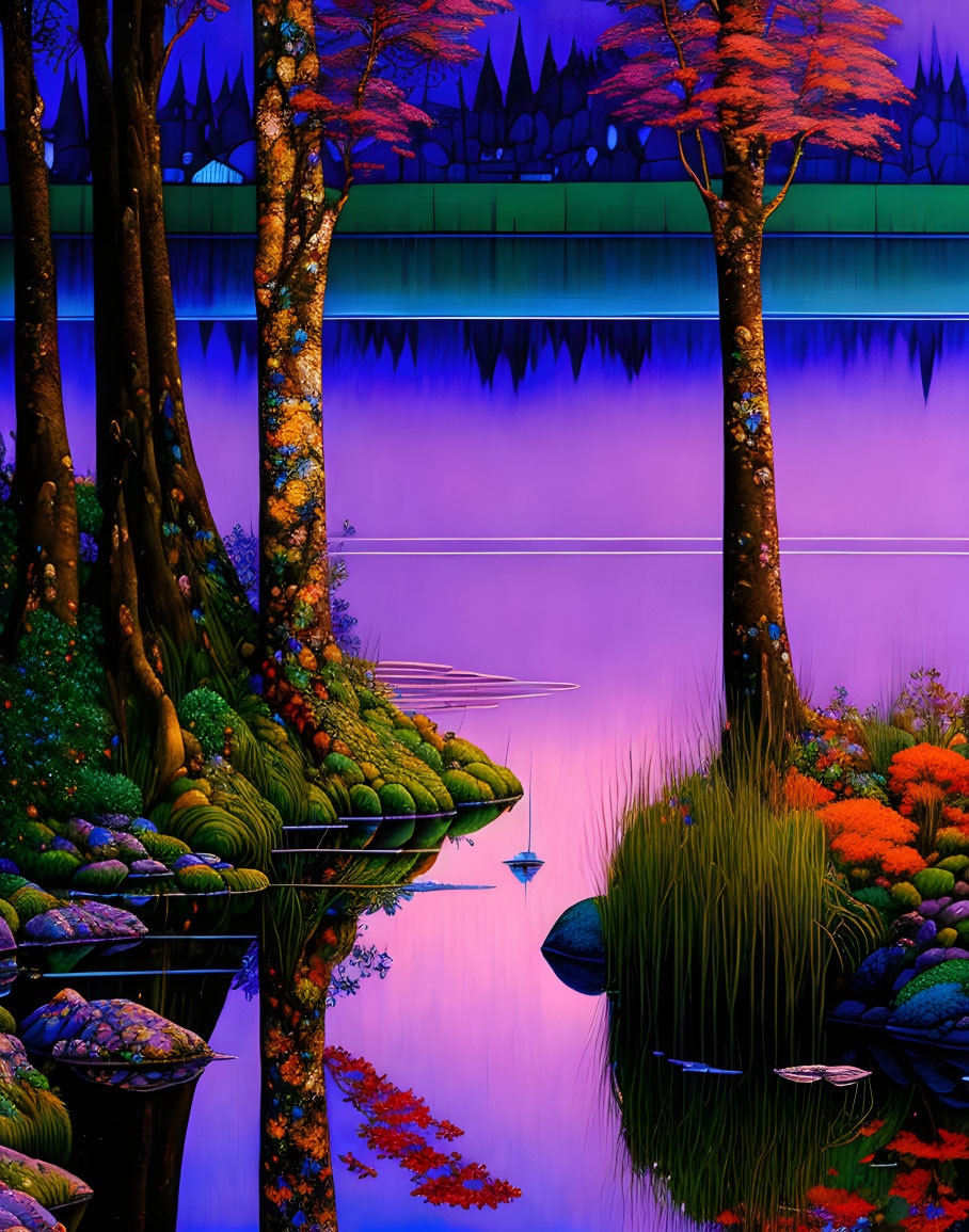 Colorful fantasy landscape with purple river and lush vegetation