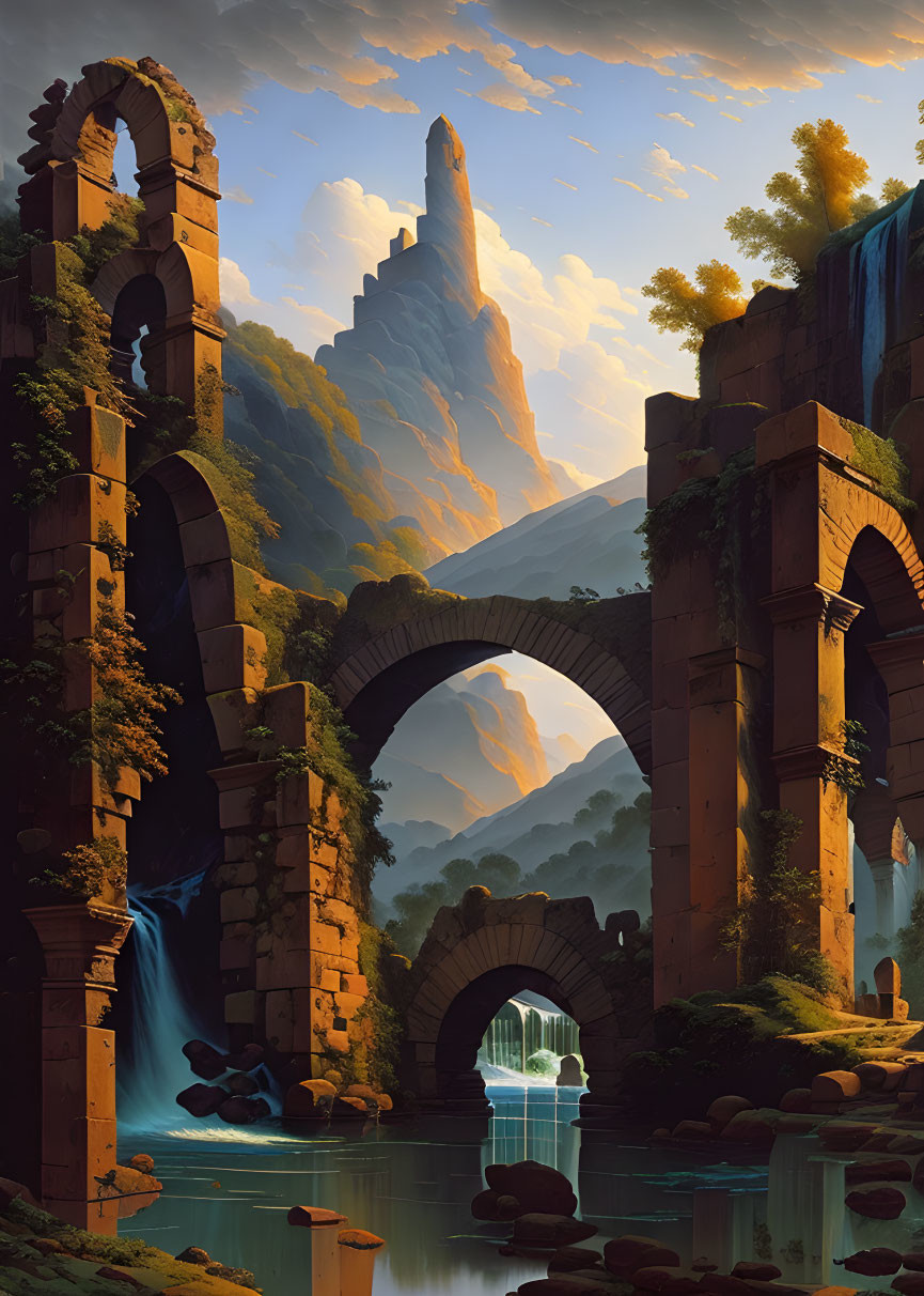 Tranquil landscape with ancient ruins, waterfall, river, mountain, and lush foliage