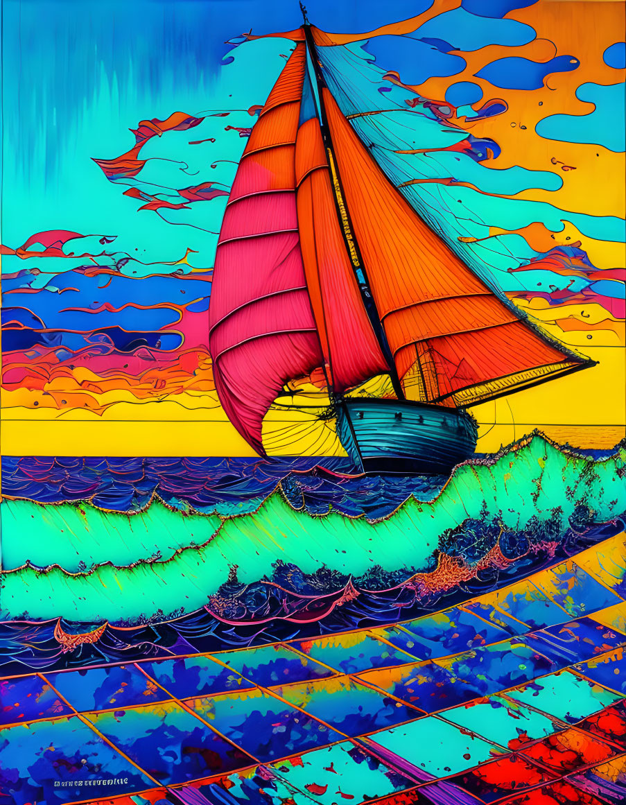 Colorful sailboat art in abstract, psychedelic style