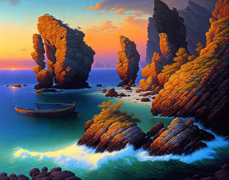 Majestic seascape with rock formations, boat, sunset hues, and moss-covered stones.